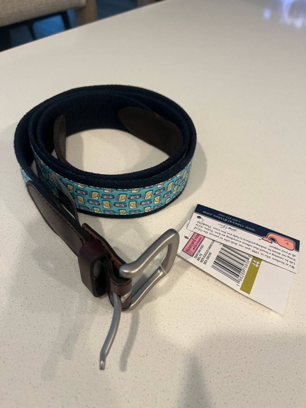 Vineyard Vines Patterned Canvas Belt with Brown Leather Trim size men’s 44